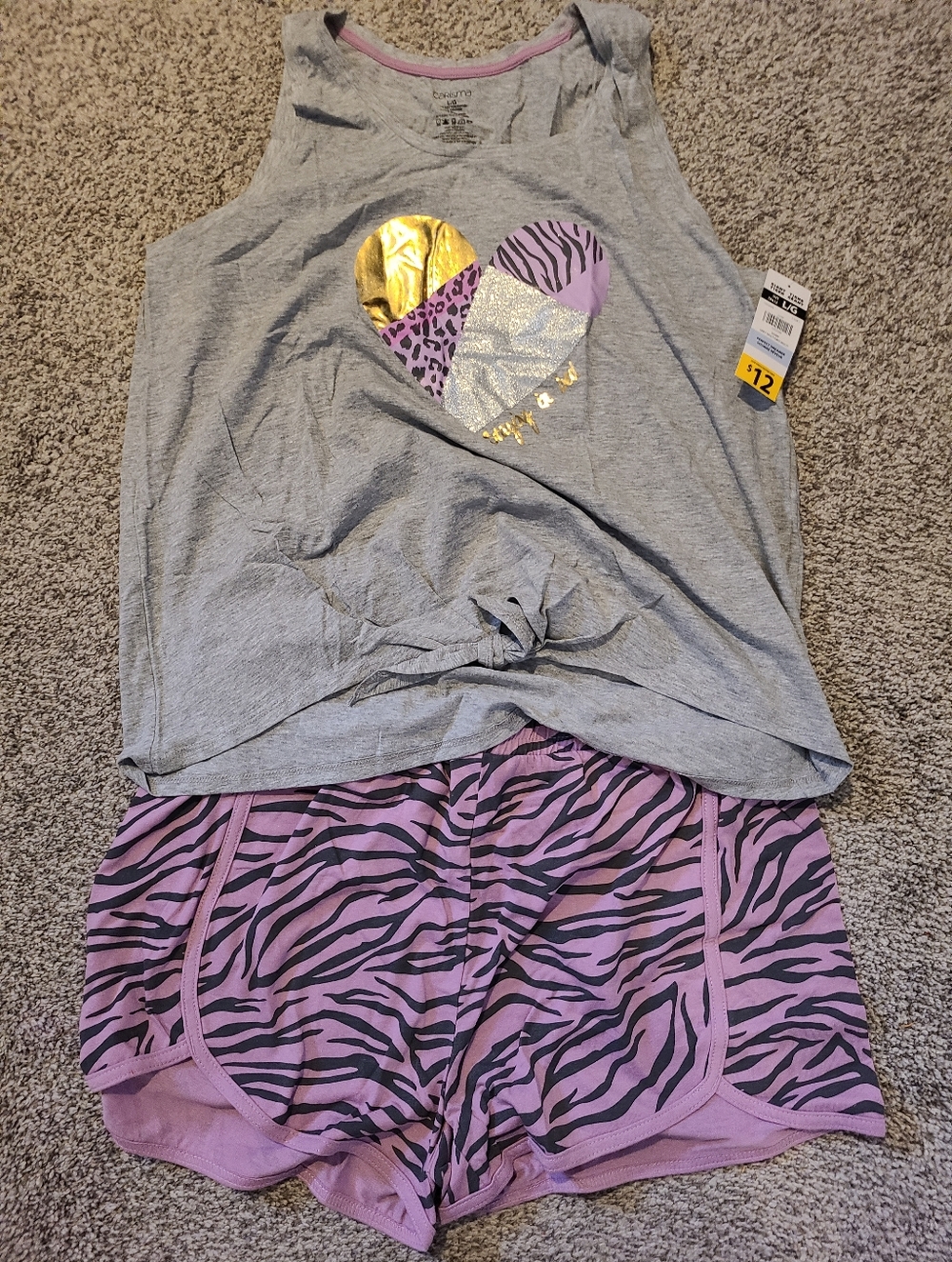 Grey & Purple Heart Tank and Zebra Sleep Shorts Pajama Set
